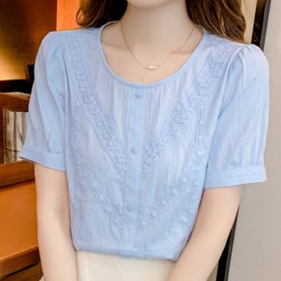 フリルブラウス 繊細刺繍レース胸元フリル半袖ブラウス