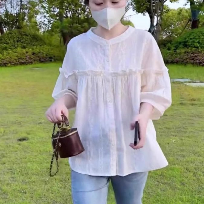 フリルブラウス ふんわり胸元フリル付きバルーン袖透け感ブラウス