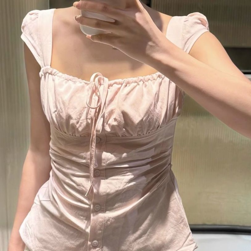 フリルブラウス 胸元フリル付き半袖コルセット風ブラウス