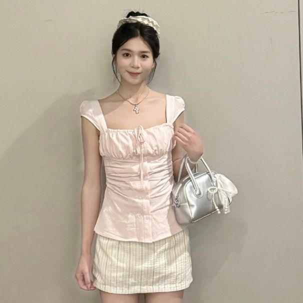 フリルブラウス 胸元フリル付き半袖コルセット風ブラウス