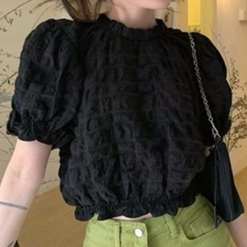 フリルブラウス 立体ギャザー装飾パフ袖フリルブラウス