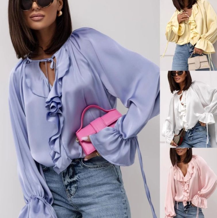  袖口リボン付き優美なフリル襟長袖ブラウス