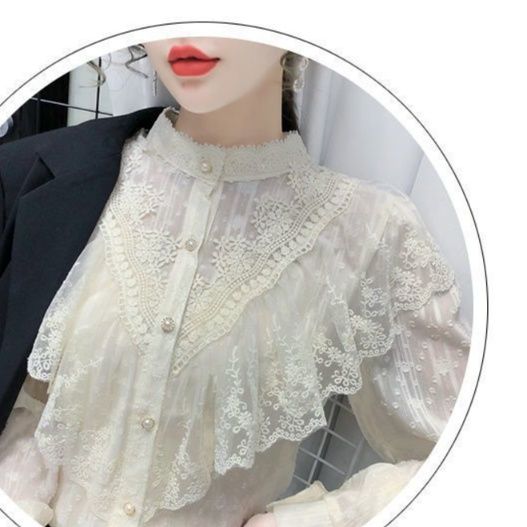 フリルブラウス 華やかレース刺繍たっぷり胸元フリル付き長袖ブラウス