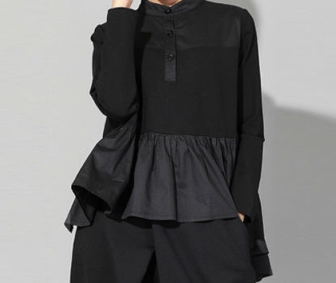 フリルブラウス 裾フリル切替スタンドカラーペプラムブラウス