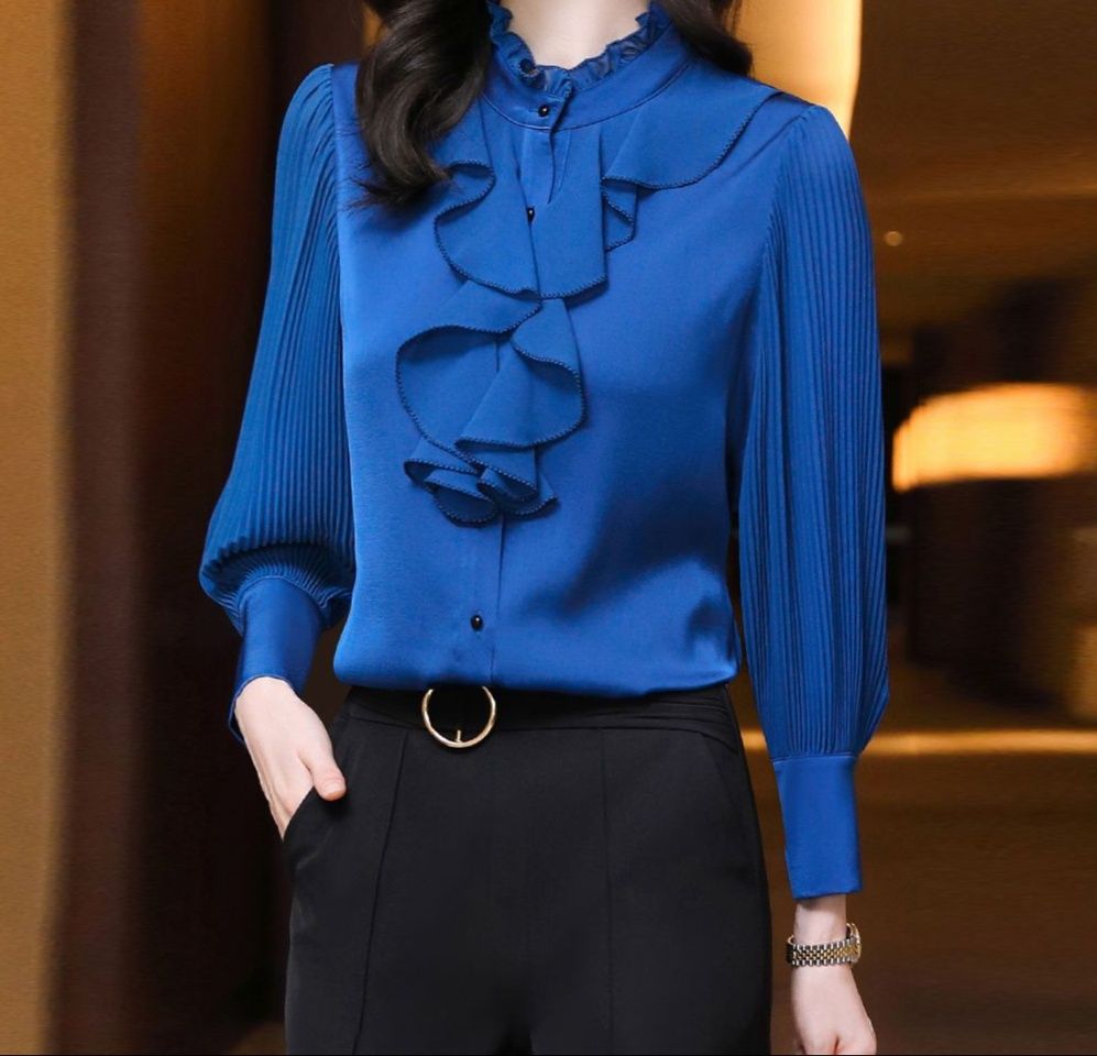 フリルブラウス 配色ステッチフロントフリル長袖シアースリーブブラウス