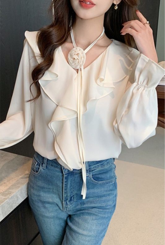 フリルブラウス フロントフリル薔薇モチーフ付きリボンタイフリルブラウス