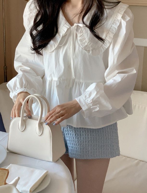 フリルブラウス 肩フリル襟元リボン付きペプラムブラウス