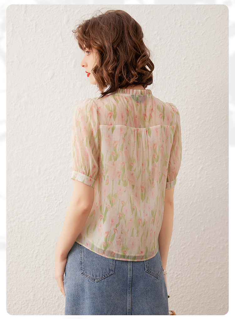 フリルブラウス 花柄シアーフロントフリルブラウス