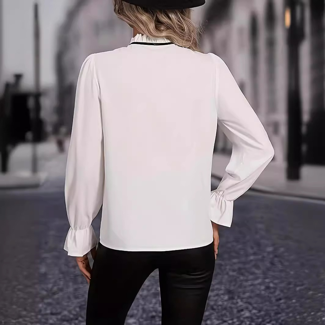 リボンタイ付き袖フリル長袖ブラウス