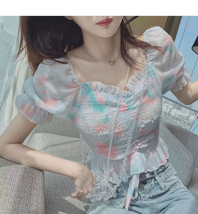 フリルブラウス 水彩画風シャーリングフリルブラウス