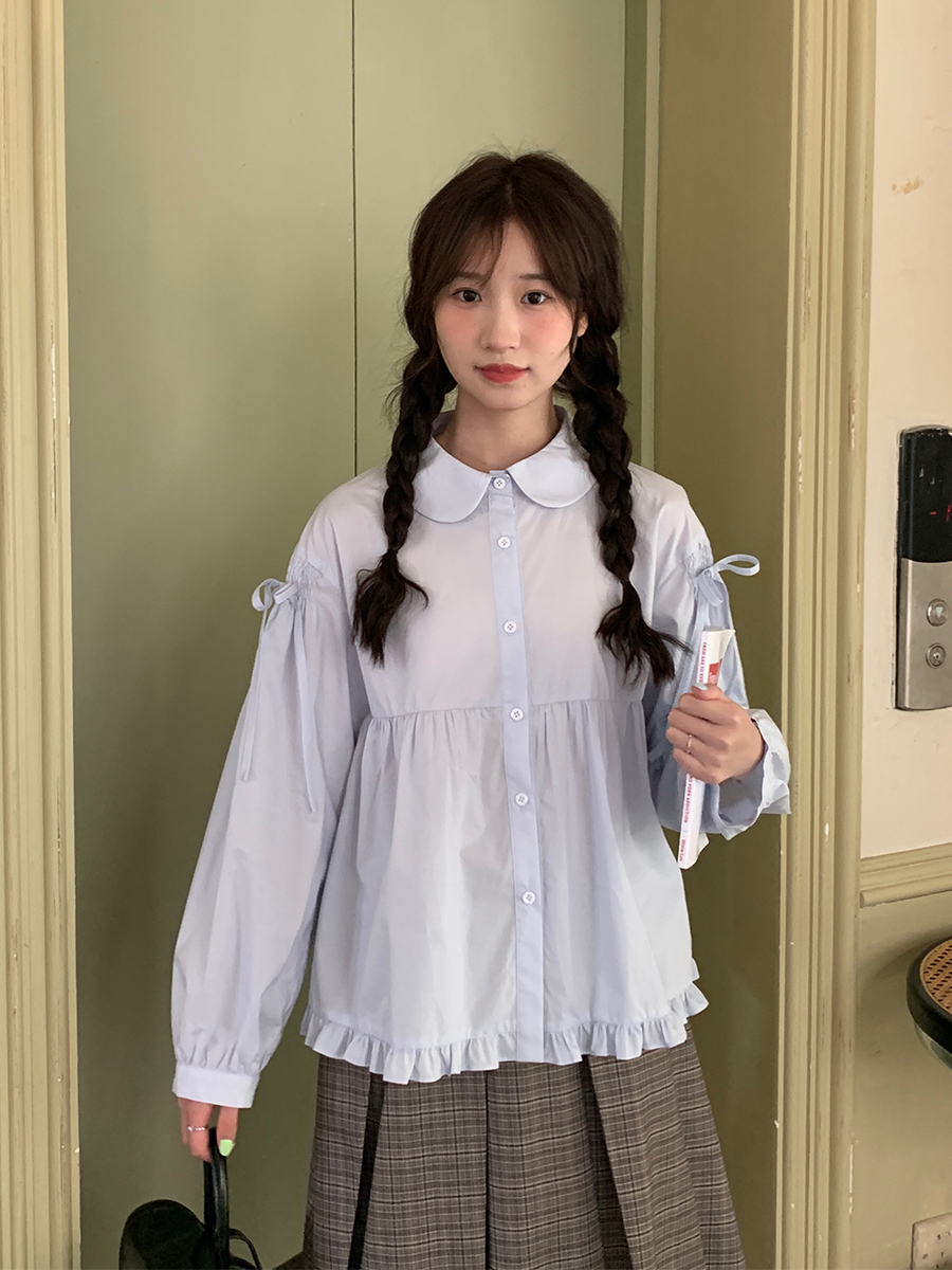 フリルブラウス 優美な丸襟裾フリルブラウス