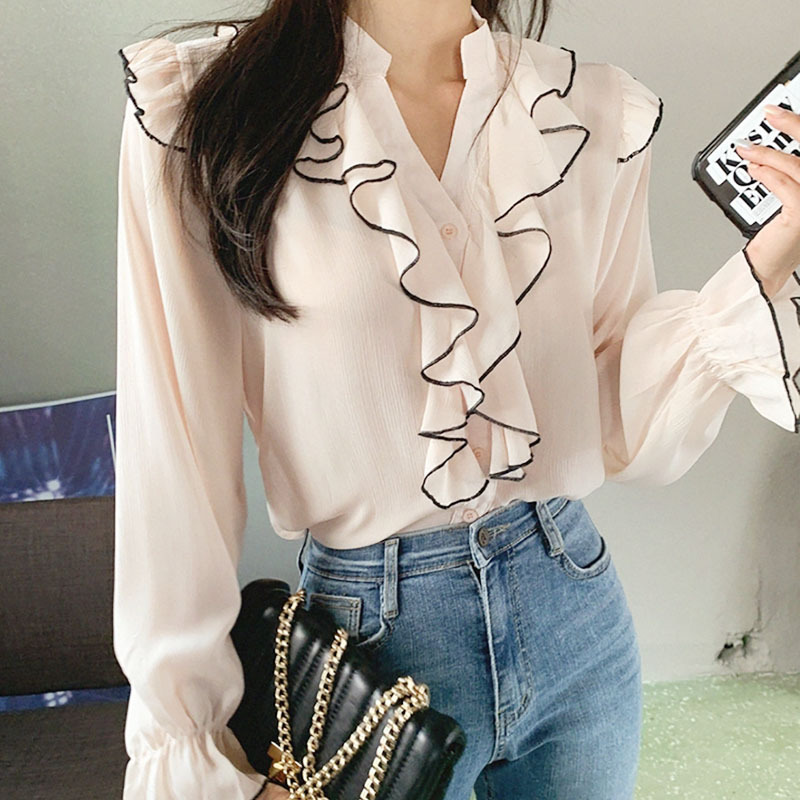 フリルブラウス 配色パイピング波型フロントフリル長袖ブラウス