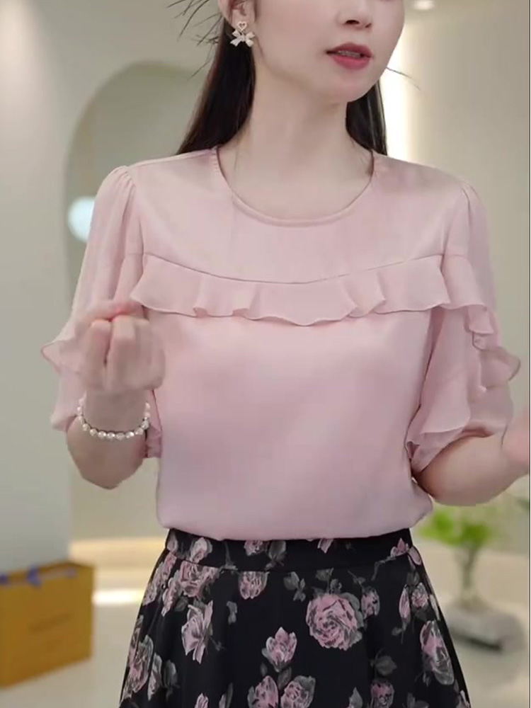 フリルブラウス 優美な肩フリル シフォンブラウス