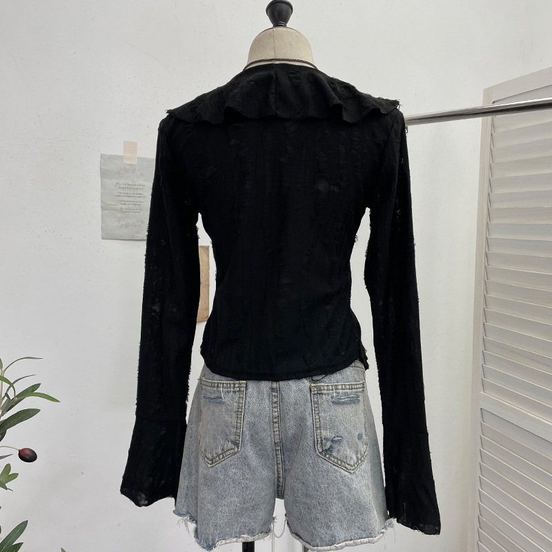  花柄ジャガード襟リボン付き多段フリルブラウス