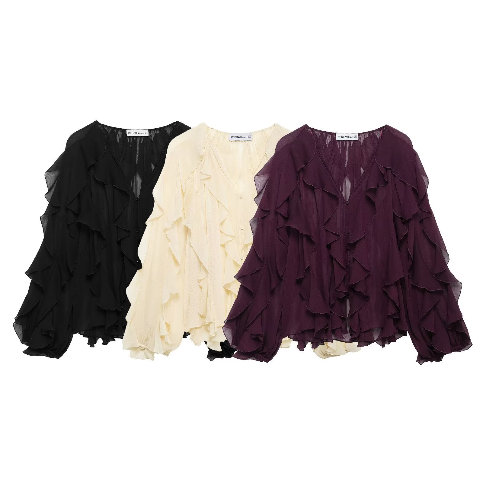 フリル 華やか多段フリル袖シフォンブラウス