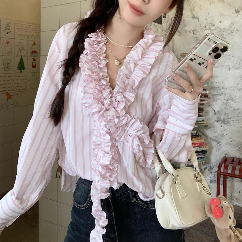 フリルブラウス 華やか縦ストライプフロントフリルブラウス