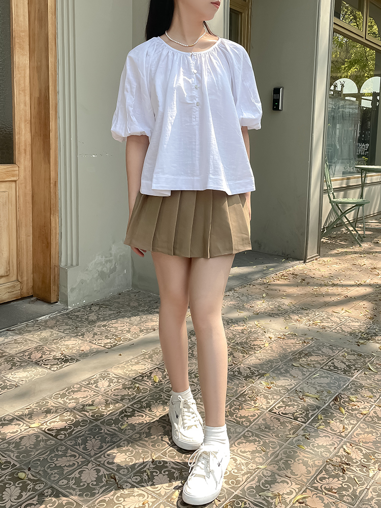 フリルブラウス 胸元優美ギャザーフリルブラウス
