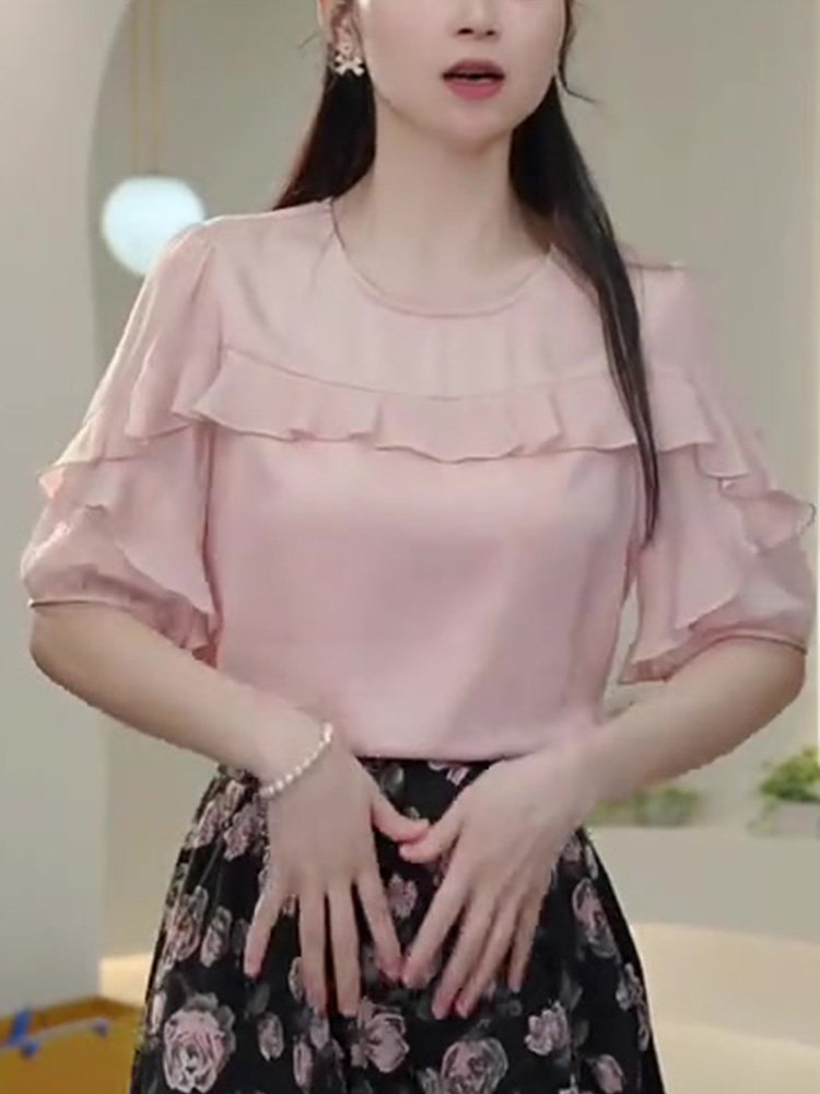フリルブラウス 優美な肩フリル シフォンブラウス