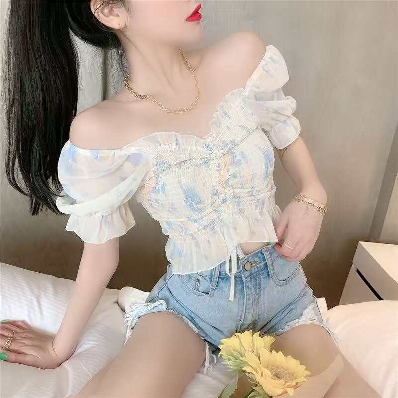 フリルブラウス 水彩画風シャーリングフリルブラウス