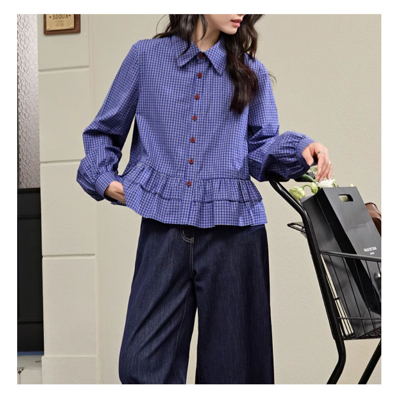  格子柄裾フリルブラウス長袖シャツ