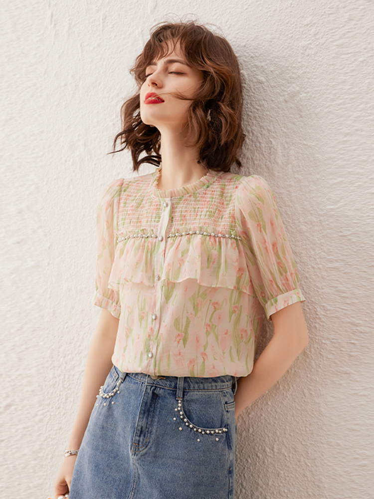 フリルブラウス 花柄シアーフロントフリルブラウス