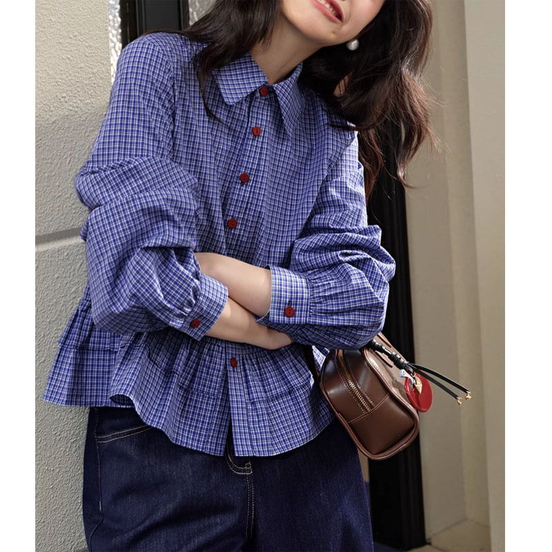  格子柄裾フリルブラウス長袖シャツ