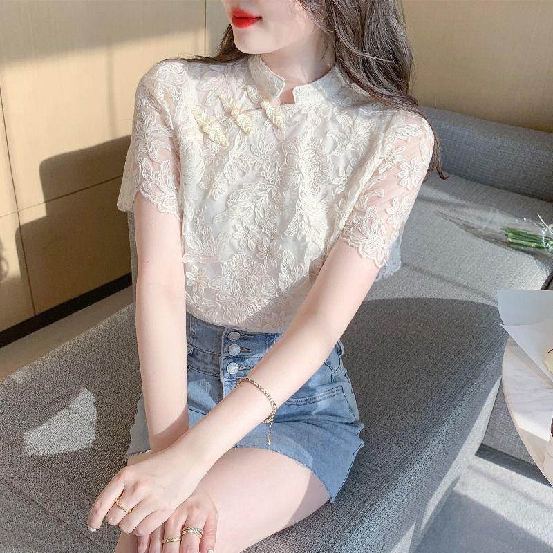 フリルブラウス 花刺繍レースフリル袖ブラウス