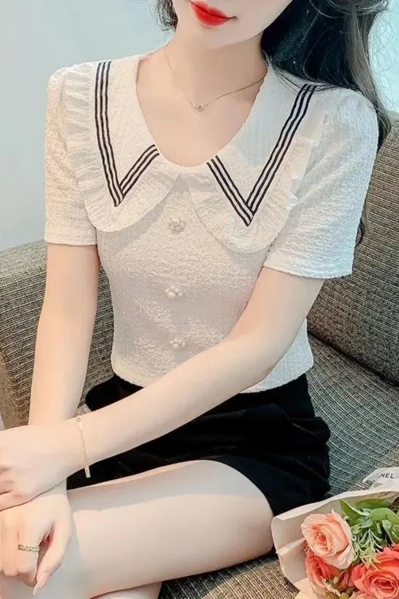 フリルブラウス 学院風配色テープ付き丸襟フリルブラウス