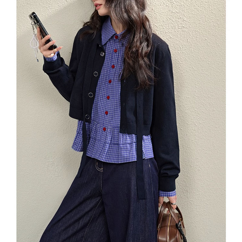  格子柄裾フリルブラウス長袖シャツ