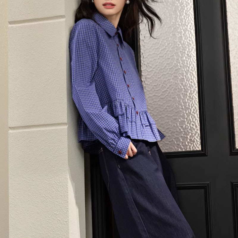  格子柄裾フリルブラウス長袖シャツ