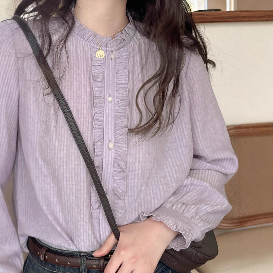 フリルブラウス 優美立ち襟フリルストライプブラウス