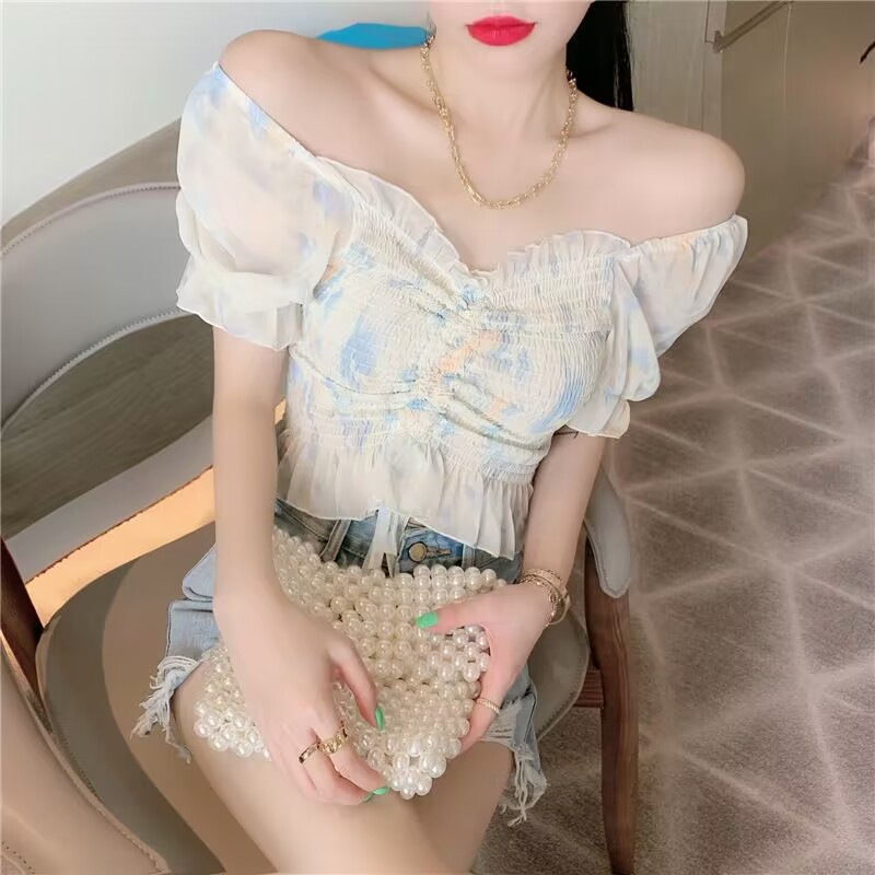 フリルブラウス 水彩画風シャーリングフリルブラウス