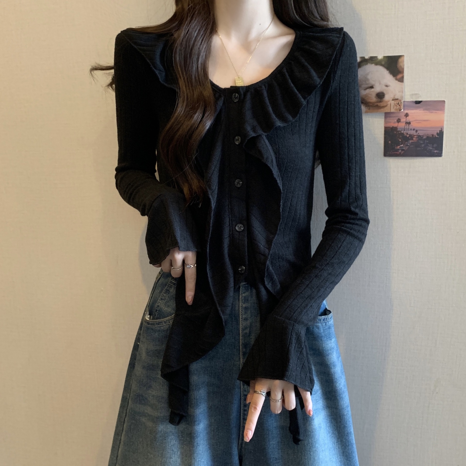 フリルブラウス 立体リボン胸元フリル付きリブ編み長袖ブラウス