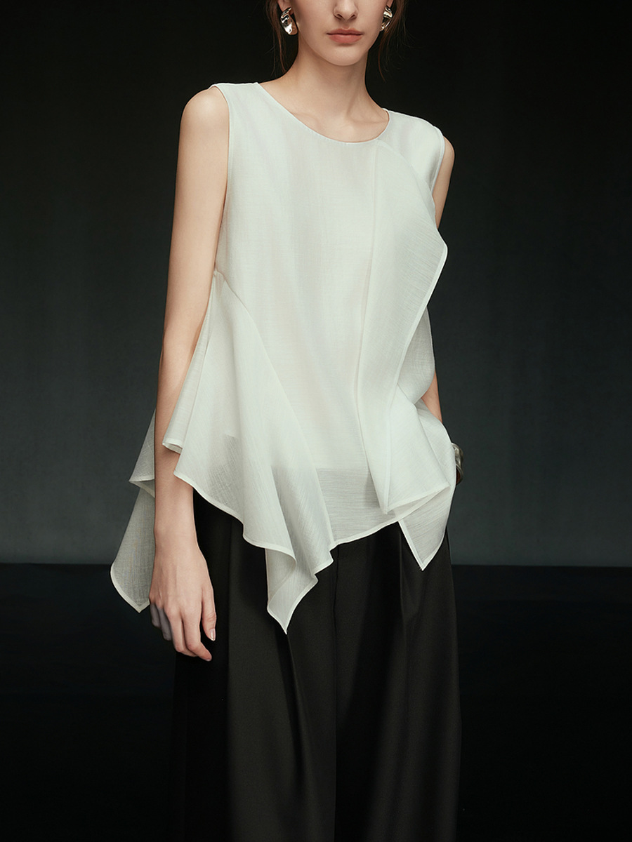 不規則裾デザイン ノースリーブフリルブラウス