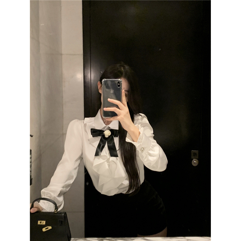 フリルブラウス パールリボン付きフロントフリル長袖ブラウス