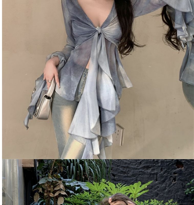  透け感シアー素材ティアードフリル袖リボンブラウス