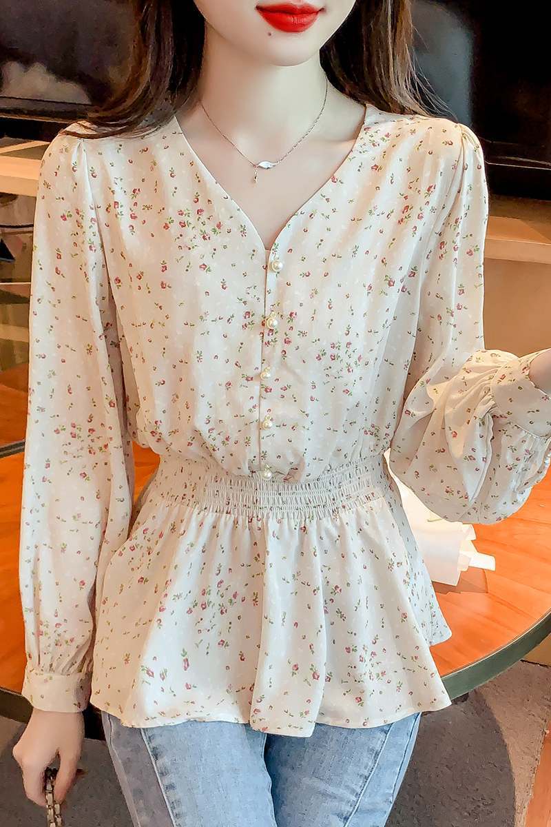 フリルブラウス 小花柄シフォン素材裾フリル長袖ブラウス