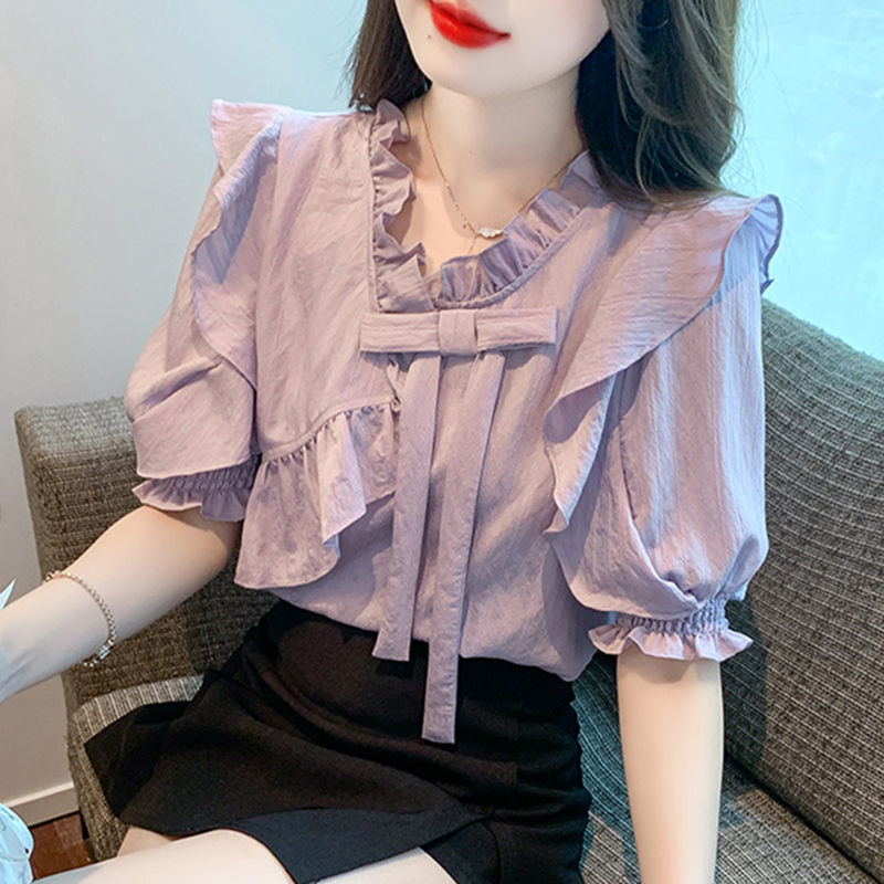 フリルブラウス 優美肩フリル リボン付きブラウス