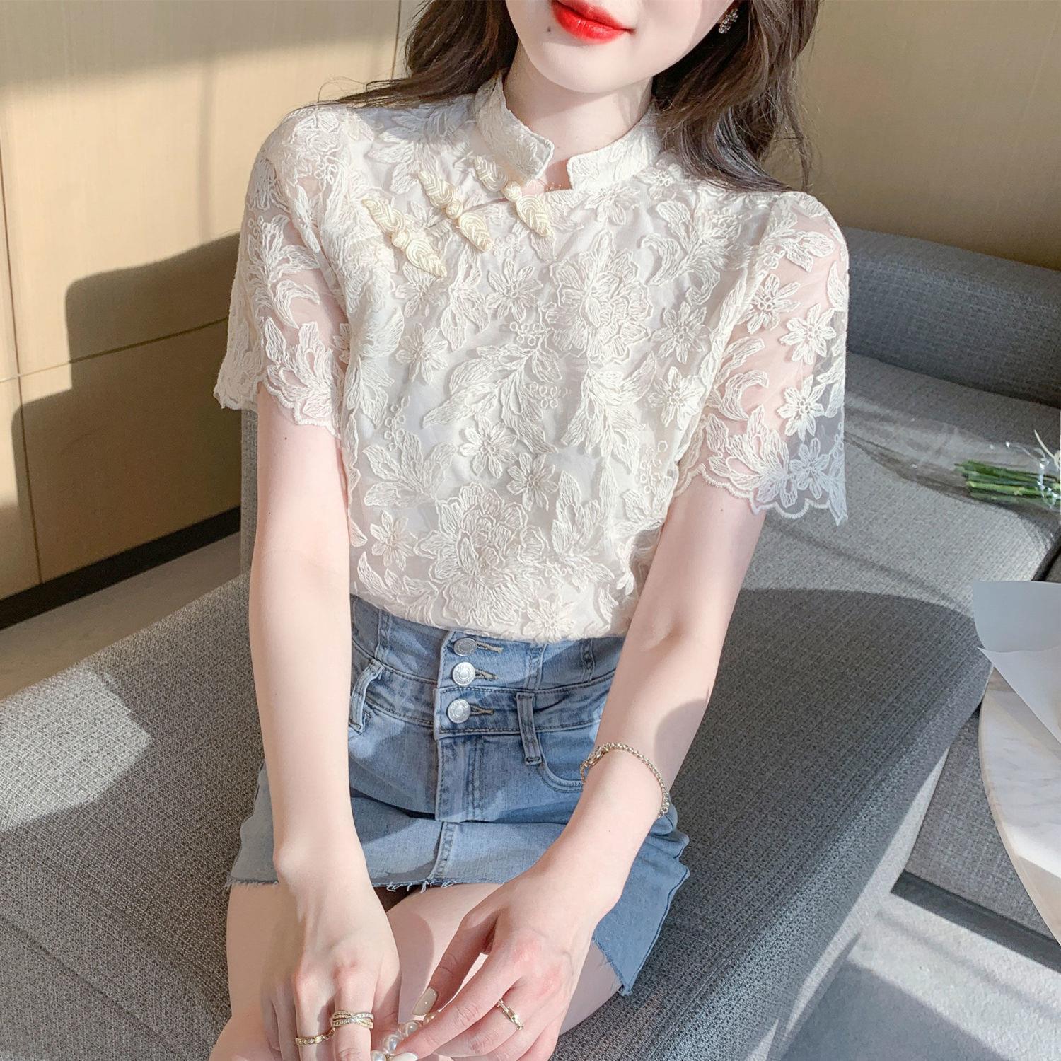 フリルブラウス 花刺繍レースフリル袖ブラウス