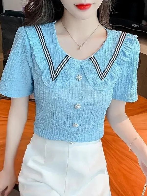 フリルブラウス 学院風配色テープ付き丸襟フリルブラウス