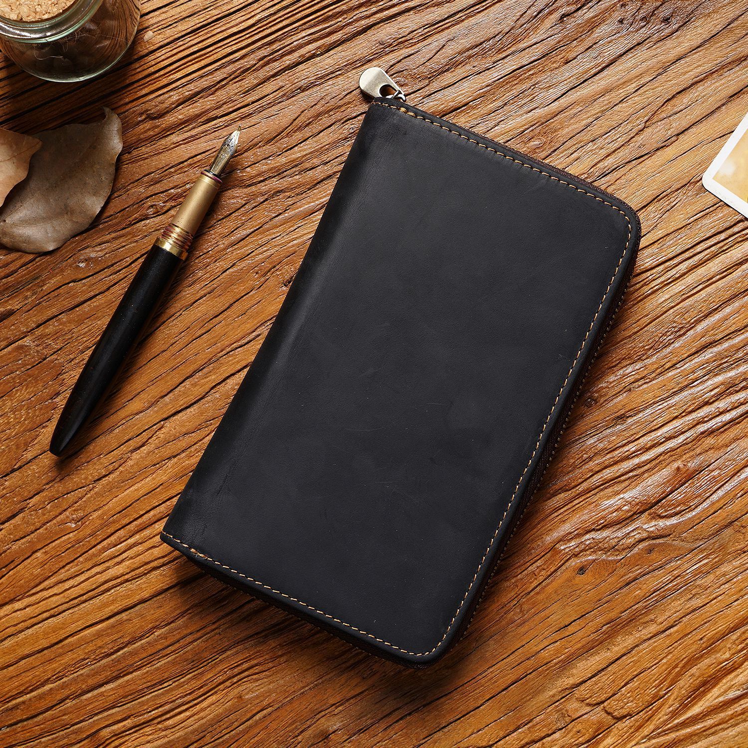 革ペンケース 本革製ダブルジップ式大容量筆箱