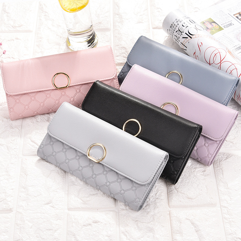 レディース二つ折り財布 金属リング付きキルティング模様二つ折り財布