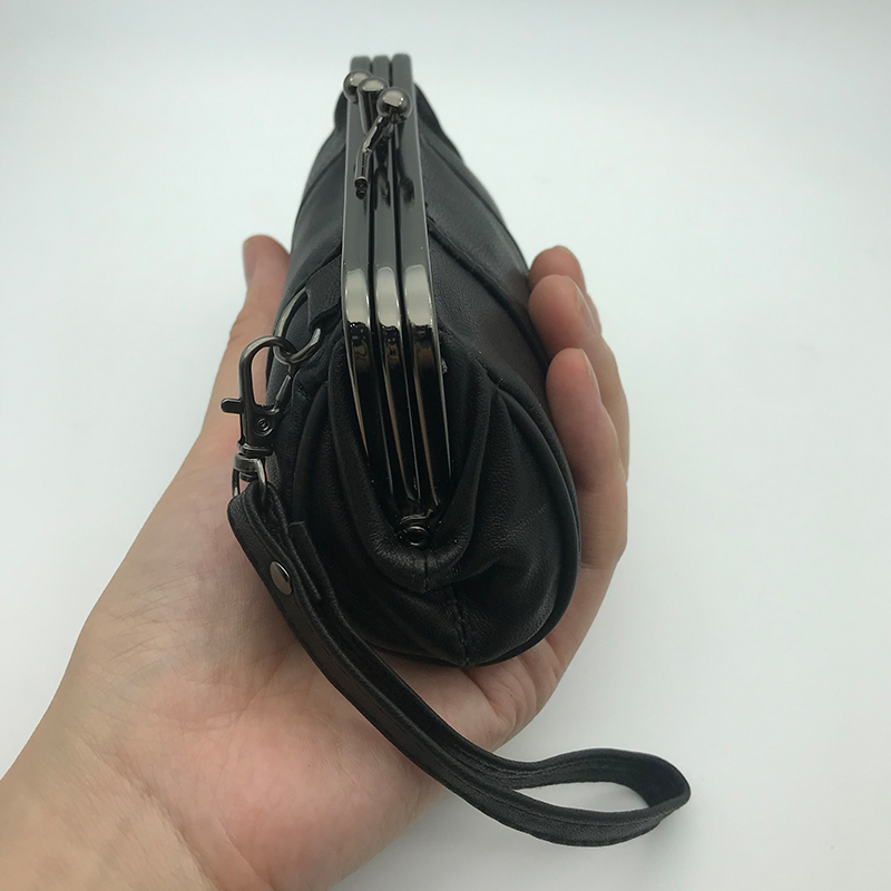 レディース二つ折り財布 縦型ステッチデザインストラップ付きがま口財布