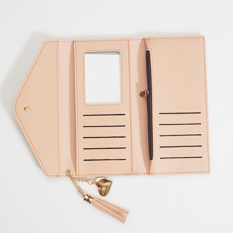 レディース二つ折り財布 ハート型チャーム付きタッセル二つ折り長財布