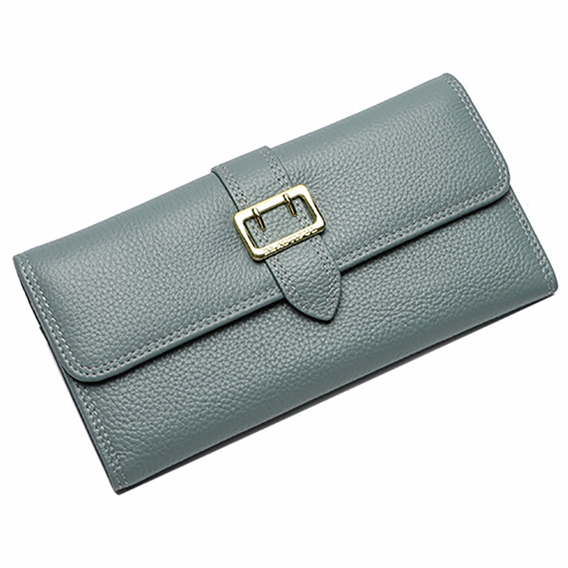 レディース二つ折り財布 金属バックル付き本革二つ折り財布