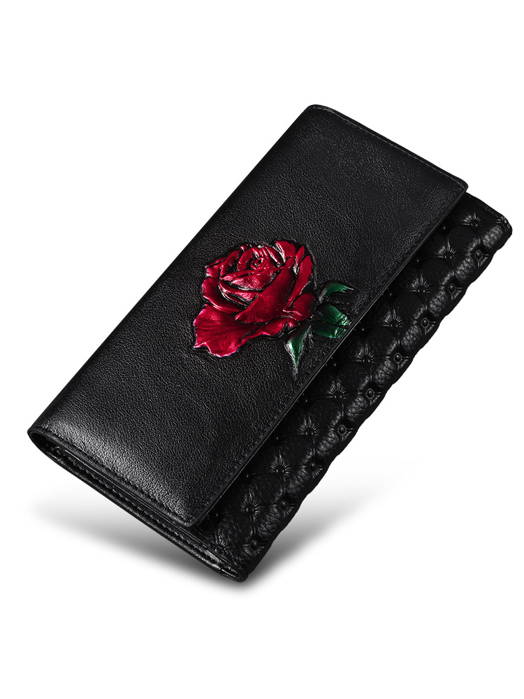 レディース二つ折り財布 薔薇刺繍レザー二つ折り長財布