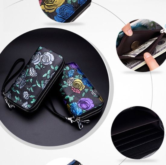 レディース二つ折り財布 花柄刺繍本革ラウンドファスナー二つ折り財布