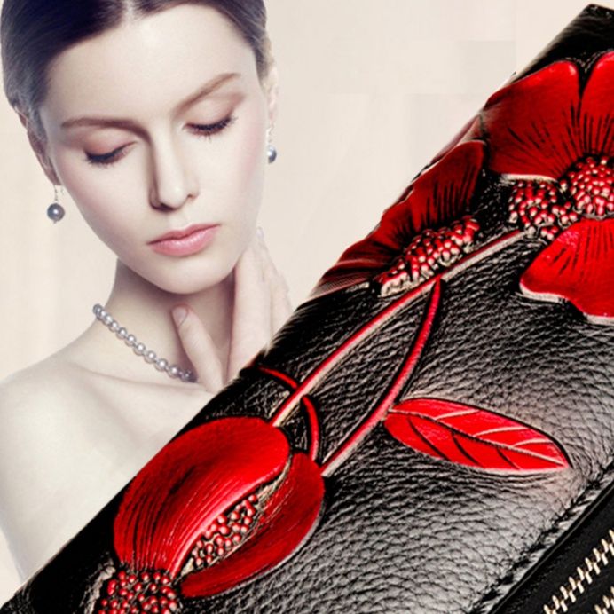 レディース二つ折り財布 花柄刺繍本革レディース二つ折り財布