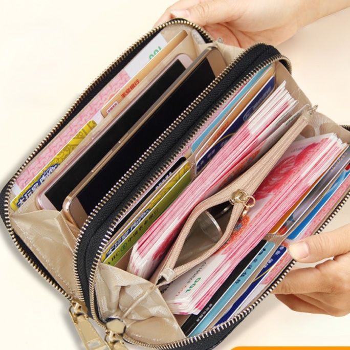 レディース二つ折り財布 花柄刺繍レザー二つ折り財布ストラップ付き