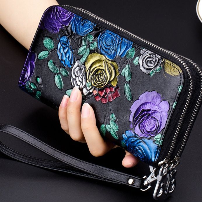 レディース二つ折り財布 花柄刺繍本革ラウンドファスナー二つ折り財布